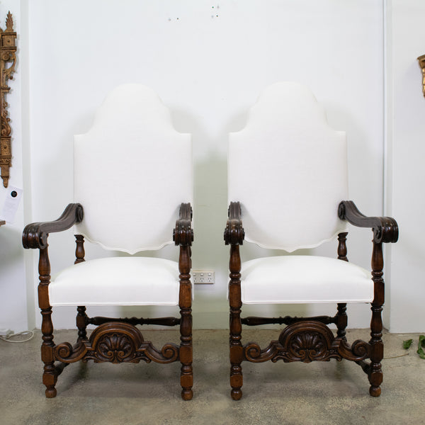 Antique Pair of Spanish Baroque Style Walnut Armchairs