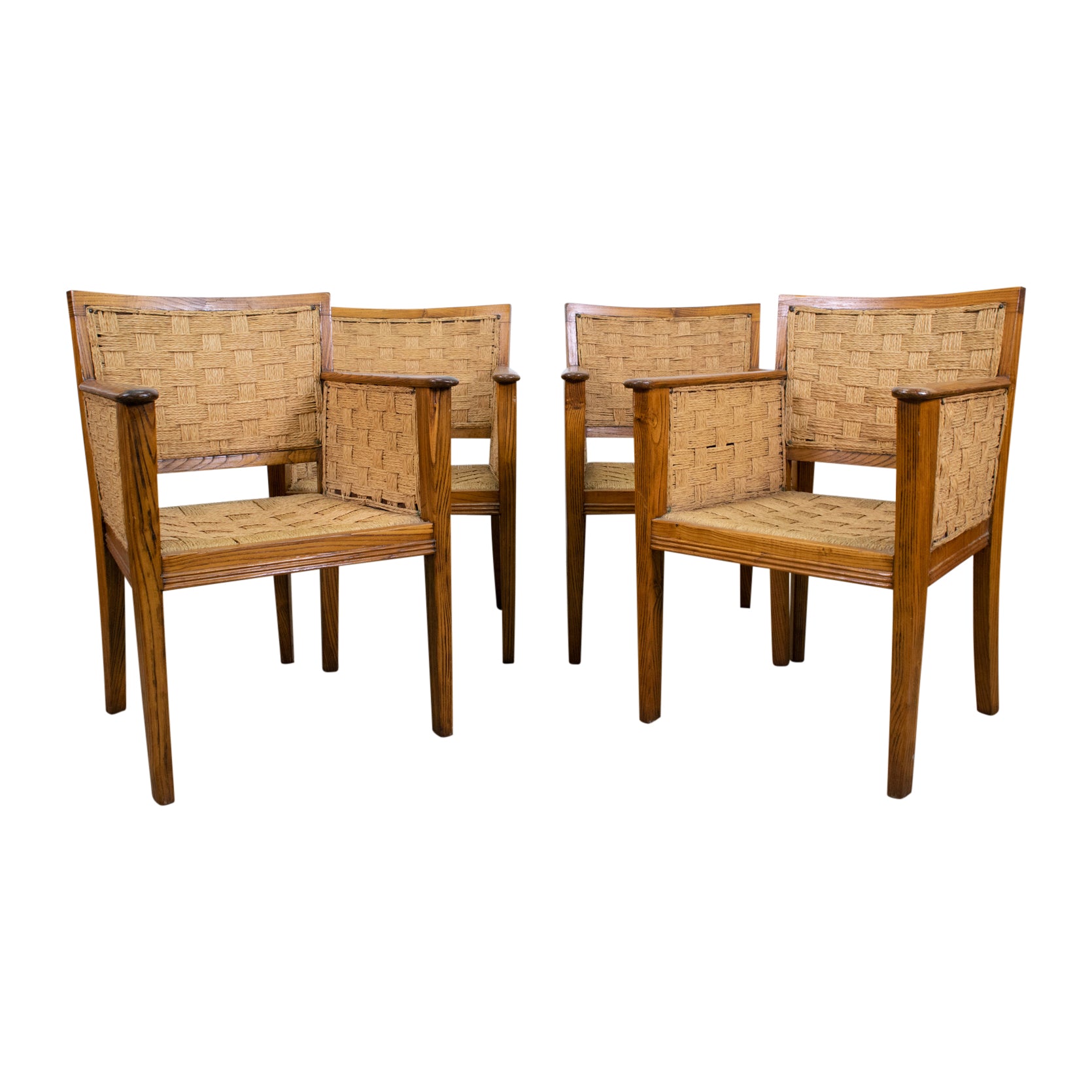 A Set of Four French 1920s Oak and Rope Chairs