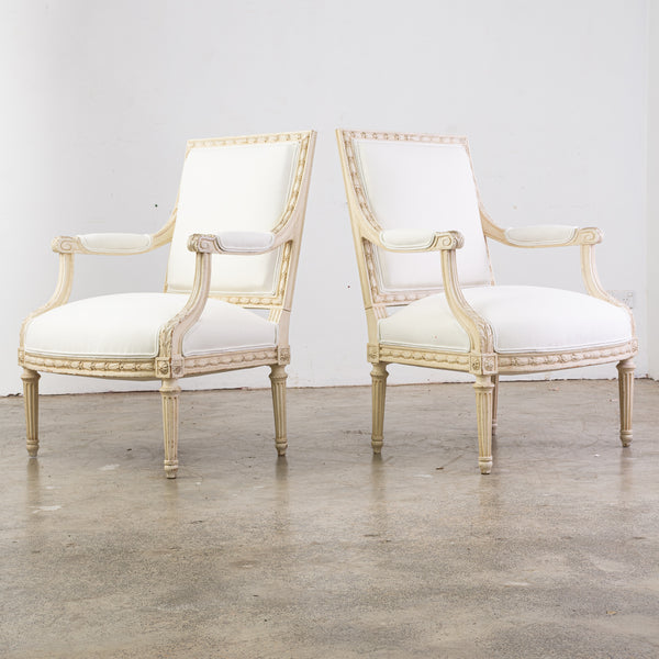 Pair of Louis XVI Style White Painted Armchairs