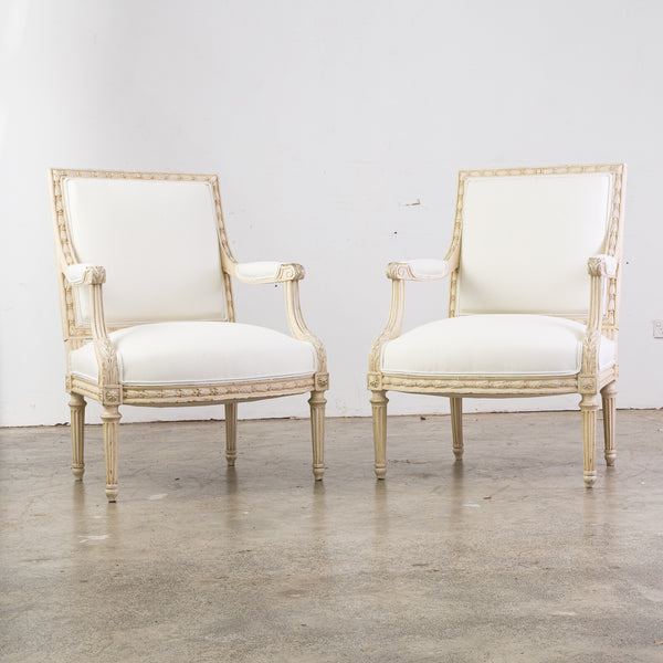 Pair of Louis XVI Style White Painted Armchairs