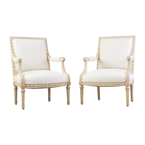 Pair of Louis XVI Style White Painted Armchairs