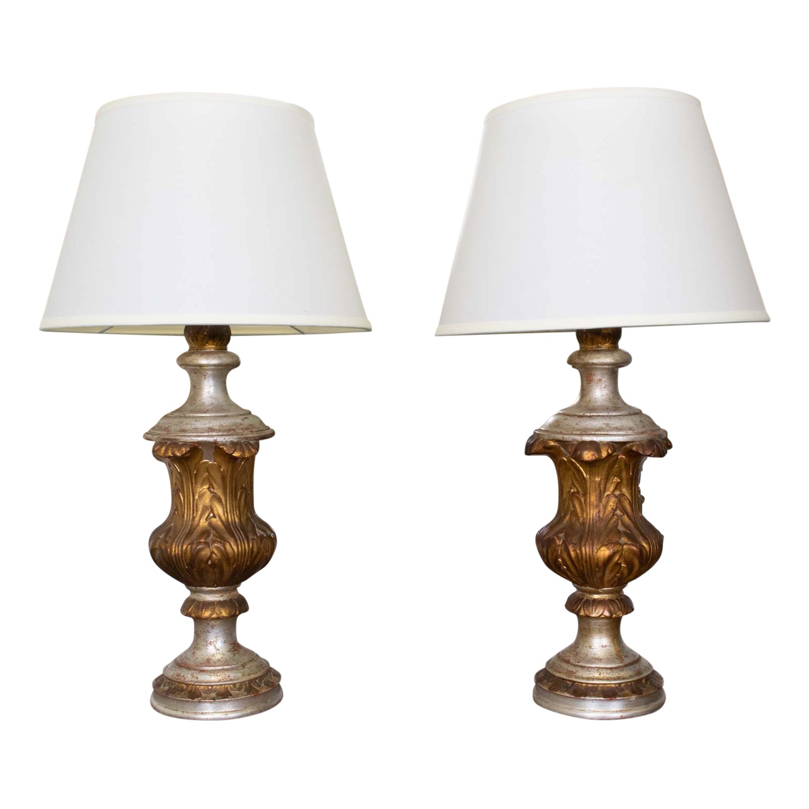 Pair Italian Gilded and Silvered Neo-Classical Urn Lamps