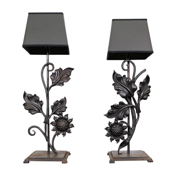 Pair of French Mounted Forged Andirons Lamps