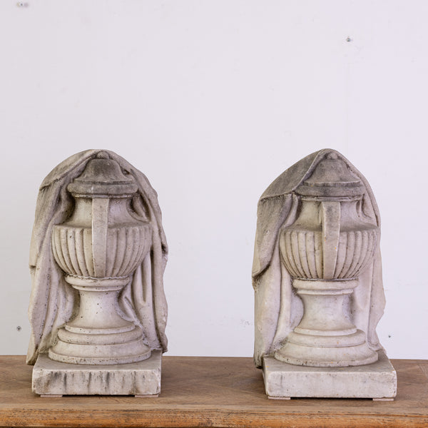 Antique Pair of Carved Marble Draped Urns