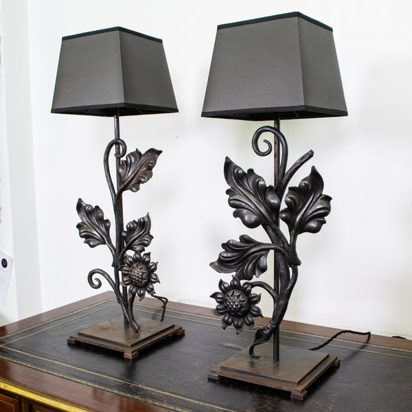 Pair of Mounted Forged Andirons Lamps 