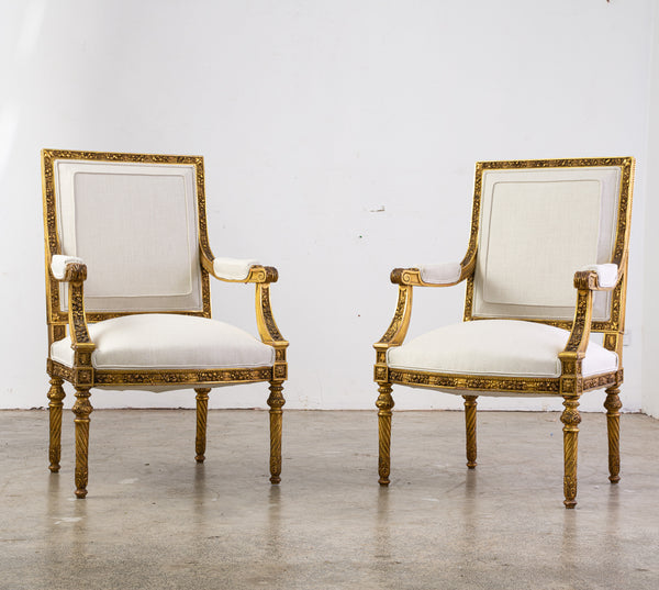 Pair of Louis XVI Style Giltwood Armchairs