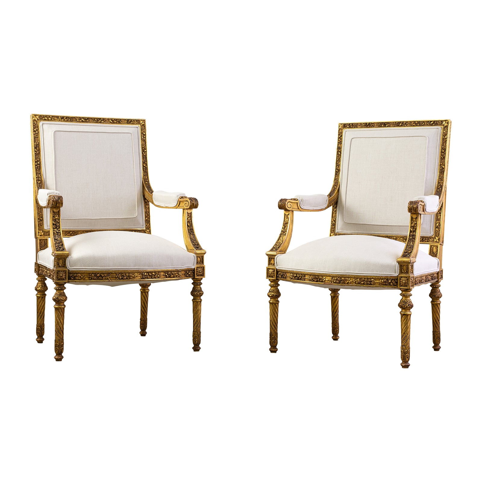 Pair of Louis XVI Style Giltwood Armchairs