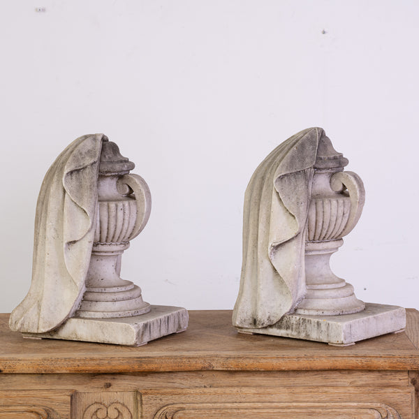 Antique Pair of Carved Marble Draped Urns