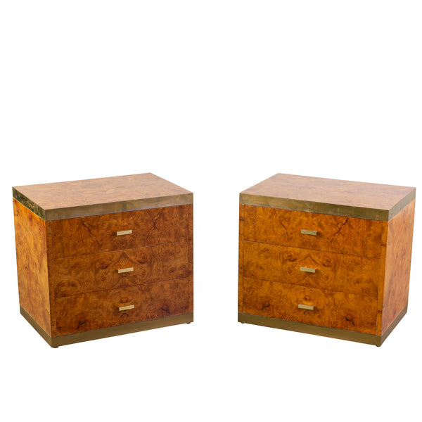 Pair Willy Rizzo Style Burl Walnut Bedside Commodes