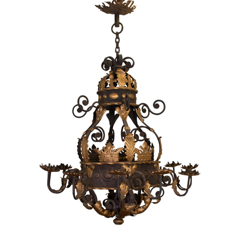 A Large Antique Baroque Spanish Gilt and Iron Chandelier
