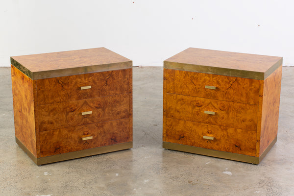 Pair Willy Rizzo Style Burl Walnut Bedside Commodes