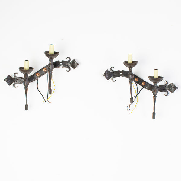 Pair of Hammered and wrought Iron Wall Sconces